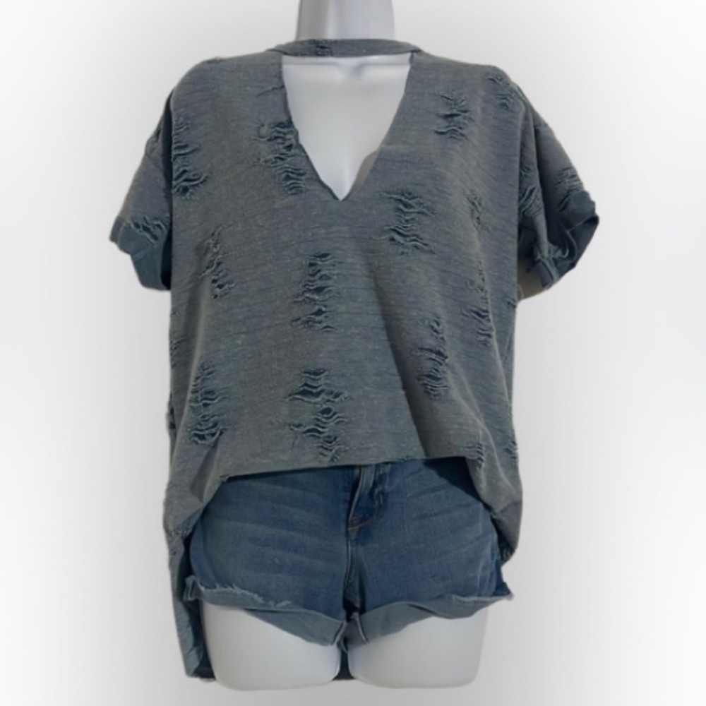 🛑 My Story Women's Denim Blue Distressed V-Neck Blouse Size Sm 🚔